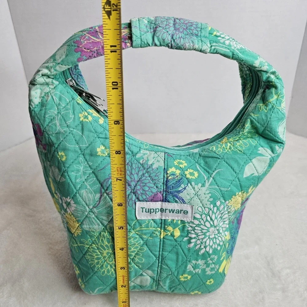 Tupperware Lunch Bag Zipper Hobo Style Green Floral Vintage Quilted